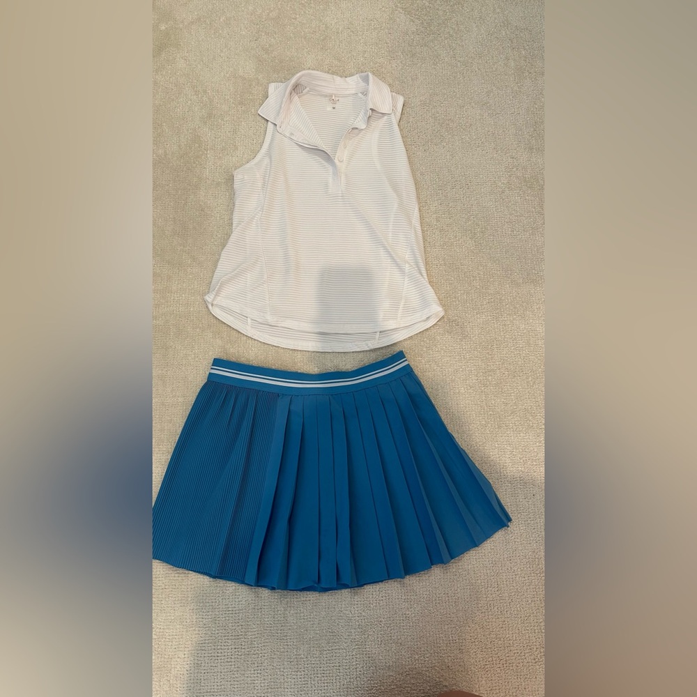 CALIA: White Sleeveless golf Top and Blue Pleated golf Skirt